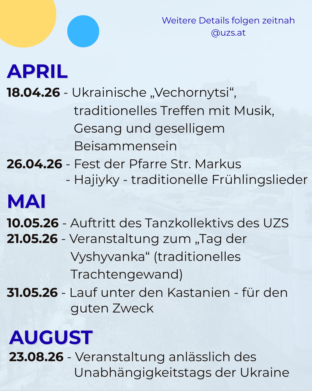 Ankündigung von Veranstaltungen von April